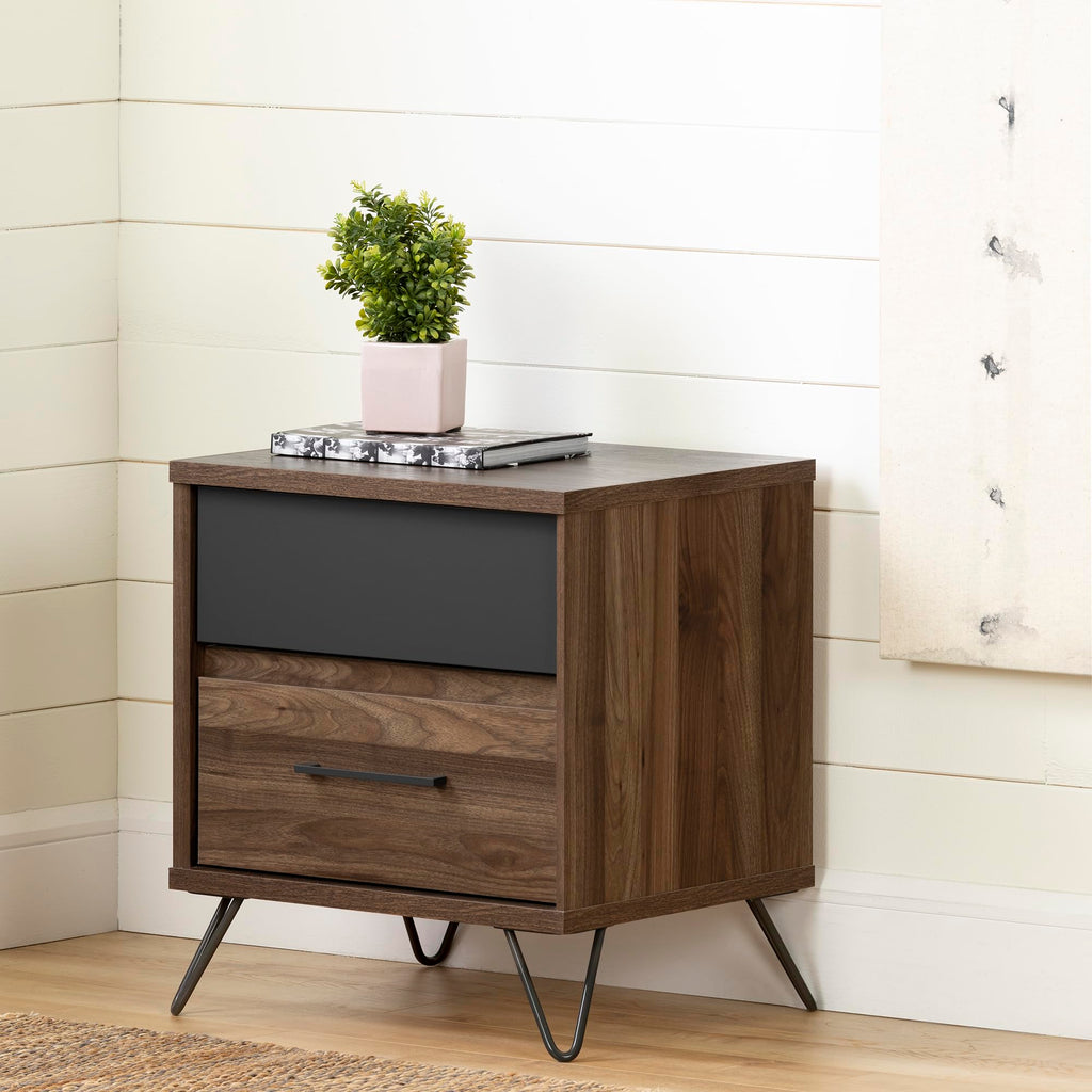 South Shore Olvyn 2-Drawer Nightstand-End Table with Storage, Natural Walnut and Charcoal