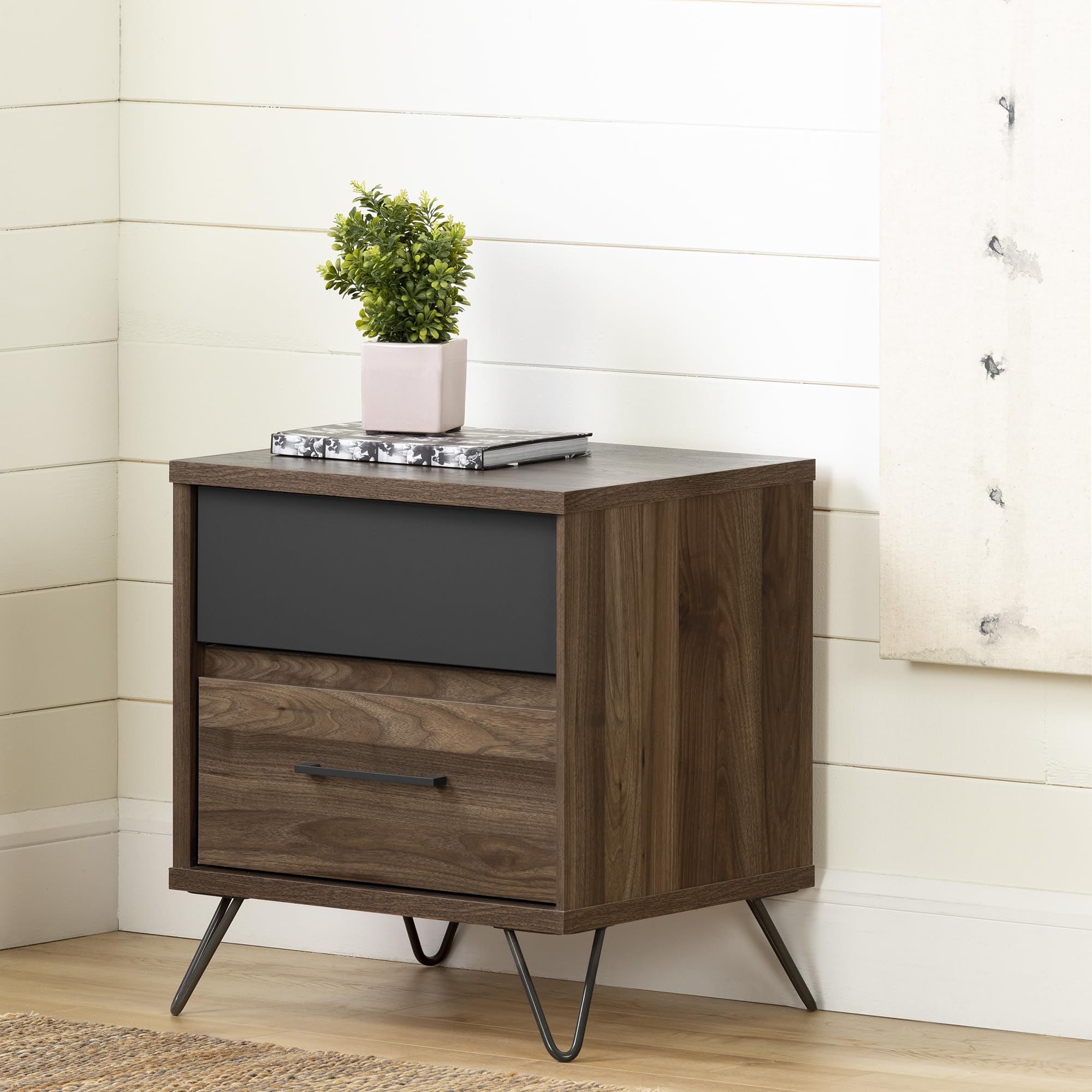 South Shore Olvyn 2-Drawer Nightstand-End Table with Storage, Natural Walnut and Charcoal