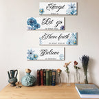Joyhawk 4 Pieces Blue Flower Wall Decor For Bedroom, Accept-Let Go-Have Faith-Believe Wooden Inspirational Wall Art Decorations