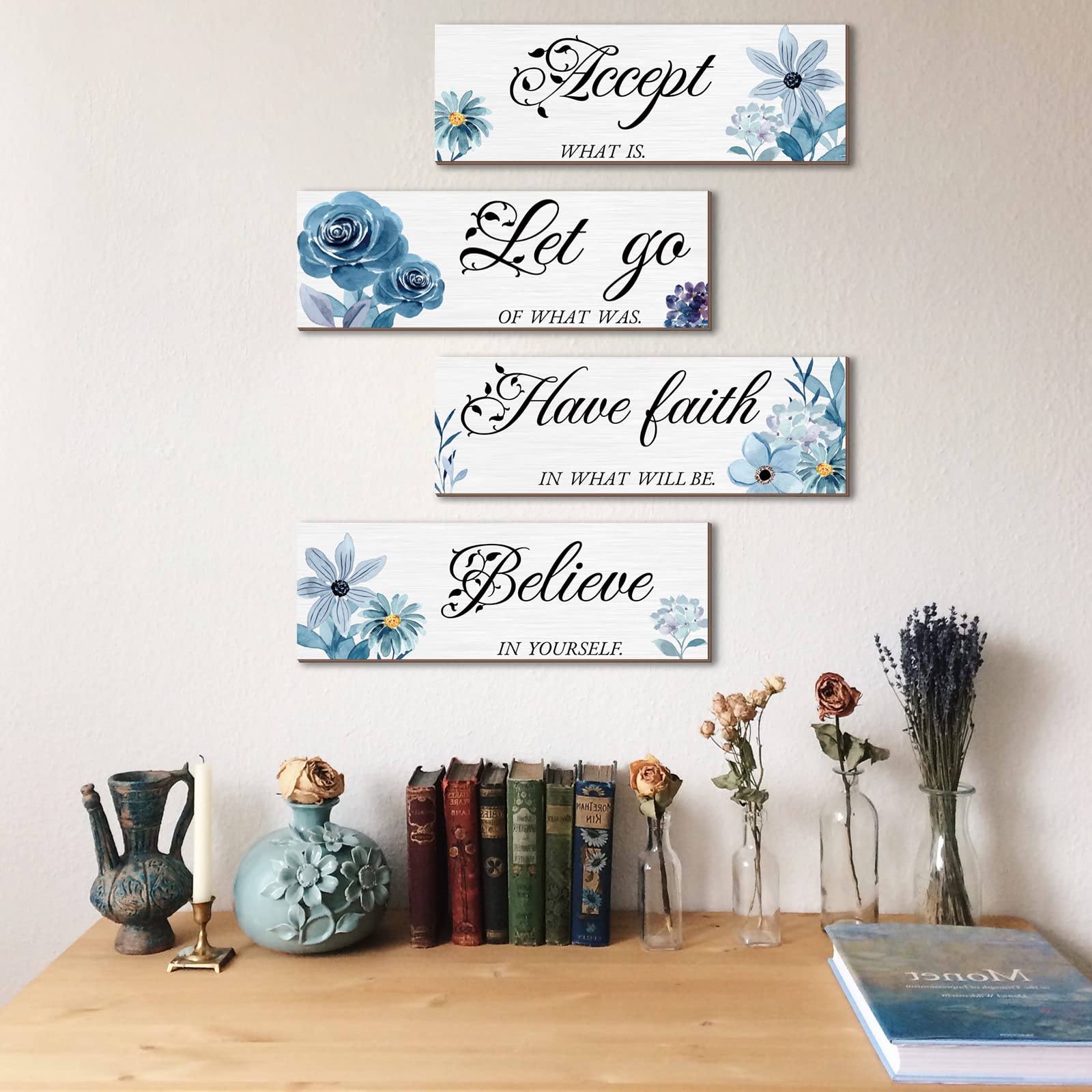 Joyhawk 4 Pieces Blue Flower Wall Decor For Bedroom, Accept-Let Go-Have Faith-Believe Wooden Inspirational Wall Art Decorations