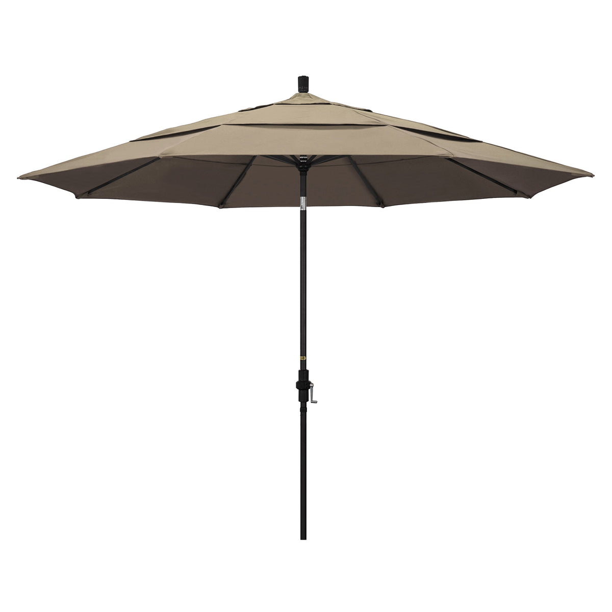 California Umbrella 11' Round Aluminum Market Umbrella, Crank Lift, Collar Tilt, Black Pole, Sunbrella Taupe