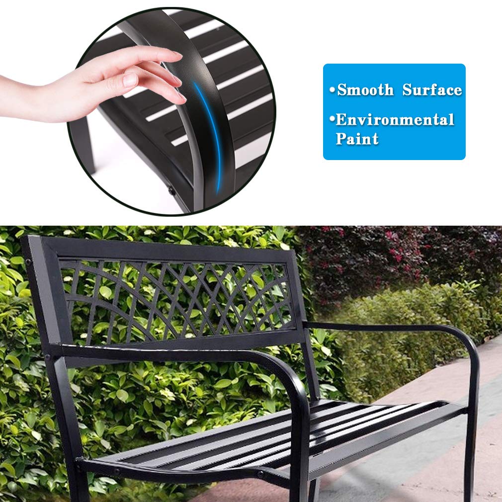 Garden Bench Bench Park Outdoor Bench For Patio Metal Bench Park Bench With Plastic Backrest Armrests Sturdy Steel Frame Furniture For Yard Porch Work Entryway, Black
