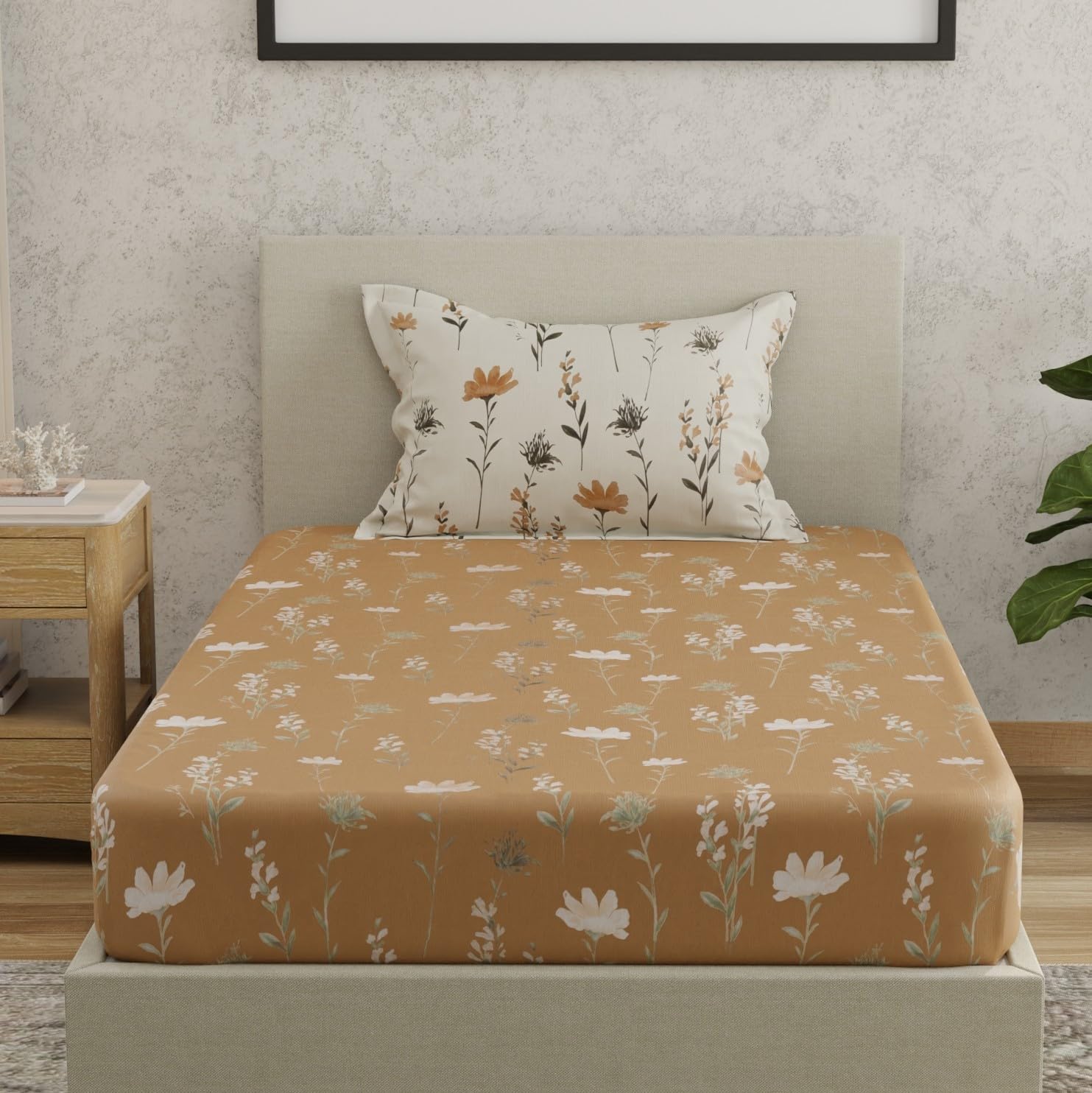 Huesland By Ahmedabad Cotton 144 Tc Bedsheet For Single Bed With 1 Pillow Cover | Tangerine Orange, White