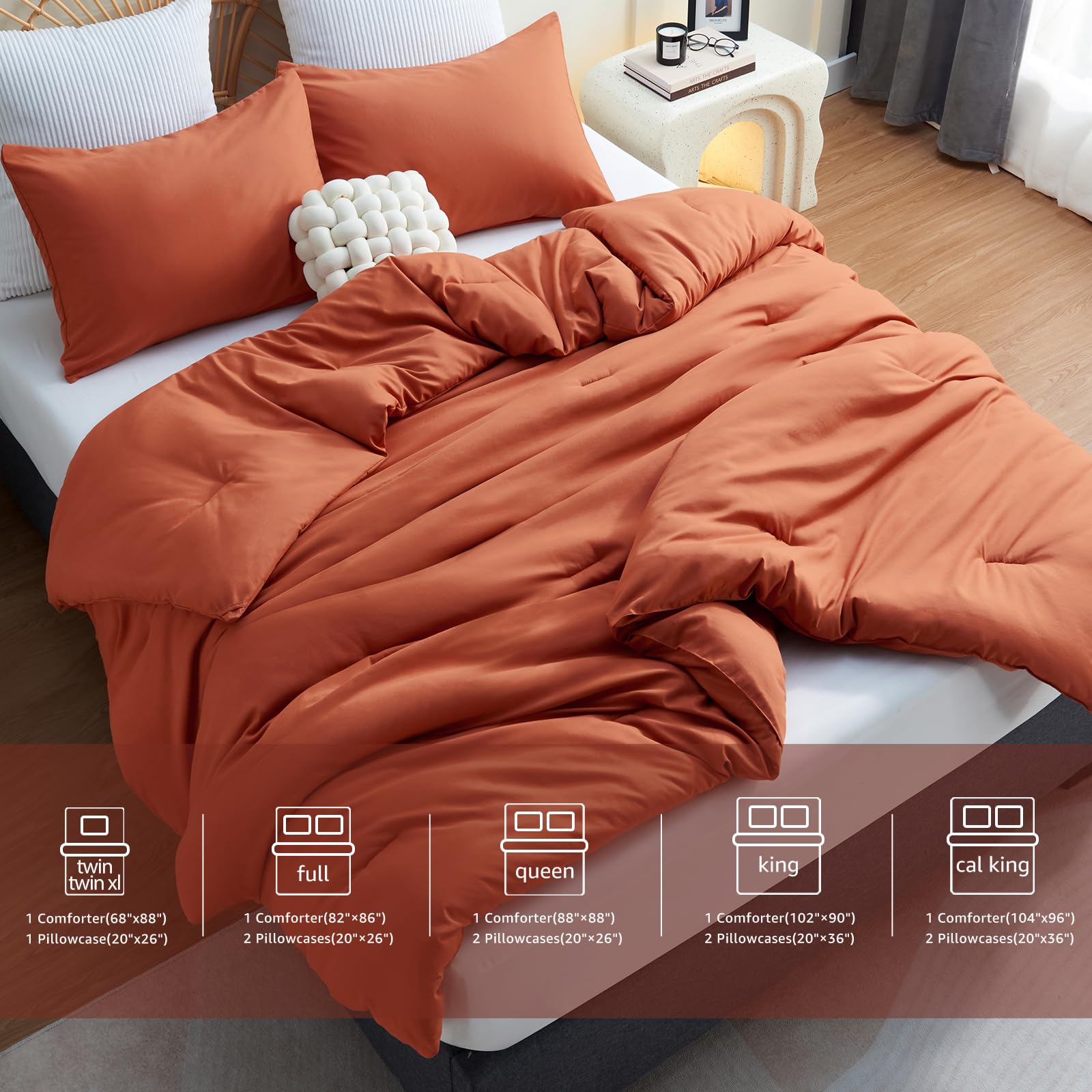 Cozylux Terracotta Comforter Set Twin/Twin Xl Size, 2 Pieces Twin Extra Long Solid Burnt Orange Breathable Boho Style Bedding Sets, Luxury Soft Comforter All Season(1 Comforter & 1 Pillowcase)