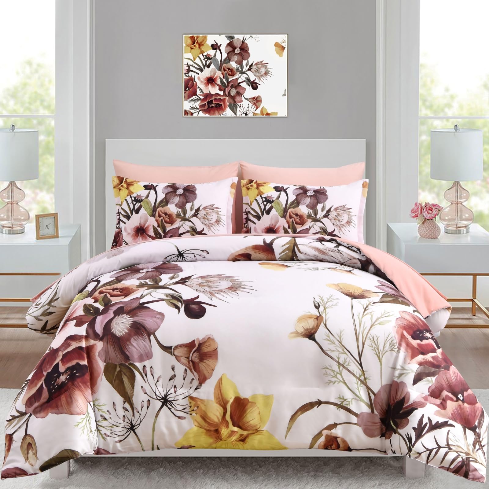 Luxudecor Floral Comforter Set King Size 7 Piece, Blush Flower Bed In A Bag, Elegant Floral Comforter With Sheet Set, Soft Micro