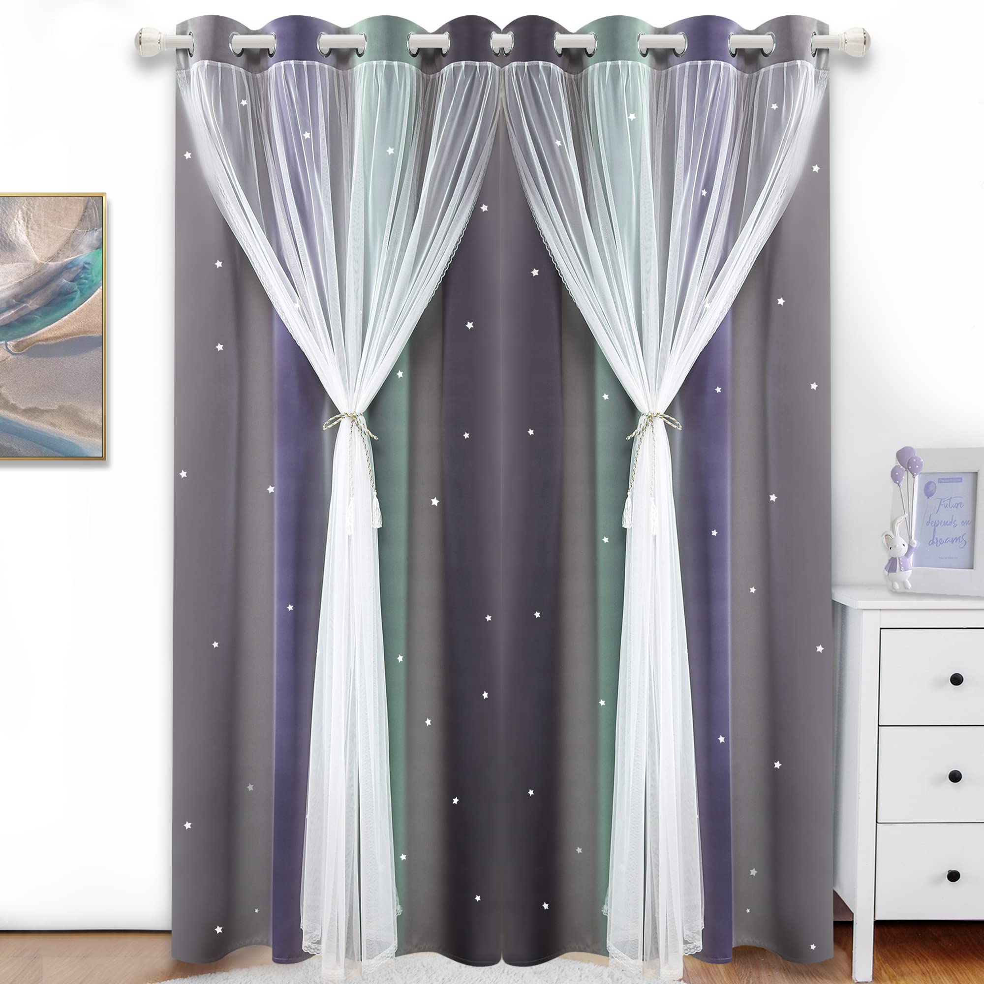 Kinryb Christmas Star Curtain Blackout For Bedroom Rainbow Stripe Living Room Decor Thermal Insulated Light Blocking Lace Overla