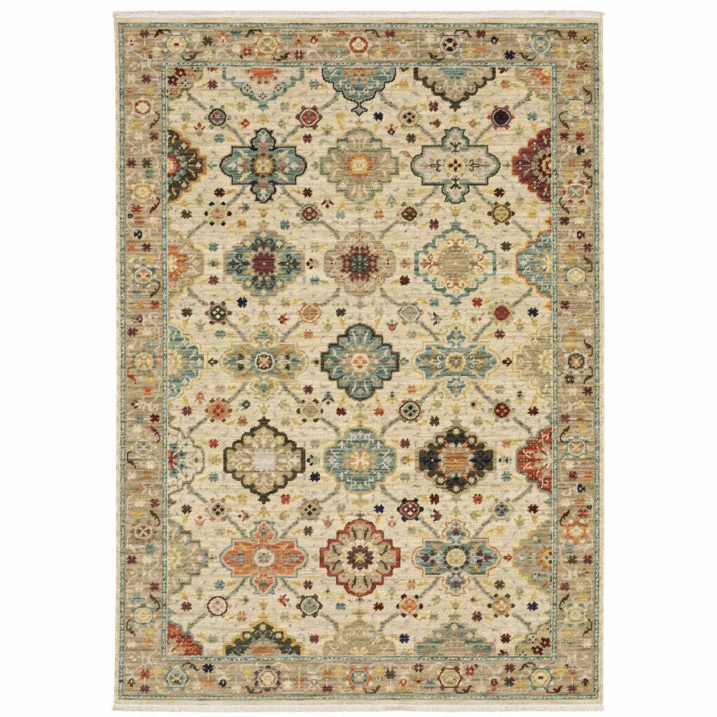 HomeRoots 509197 6 x 9 ft. Beige Pale Blue Rust Gold Tan Brown & Orange Oriental Power Loom Stain Resistant Rectangle Area Rug with Fringe