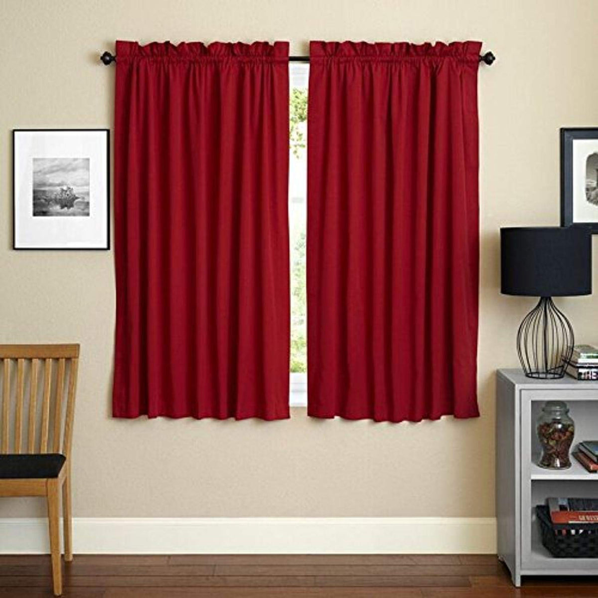 Blazing Needles Reversible Rod Pocket Room-Darkening Twill Curtain Panels, 63&quot; by 52&quot;, Ruby Red 2 Count