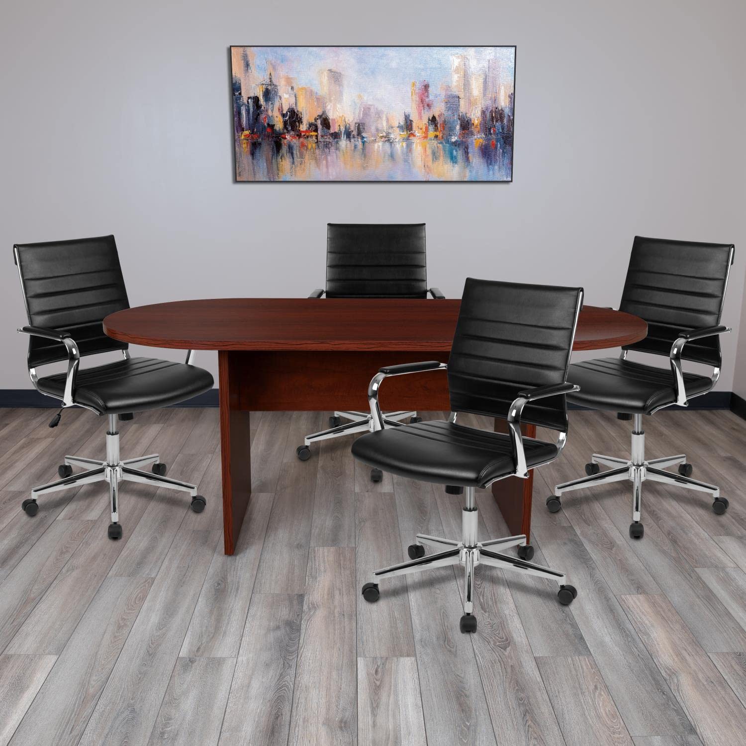 Flash Furniture Lake 5 Piece Mahogany Oval Conference Table Set With 4 Black Leathersoft Ribbed Executive Chairs