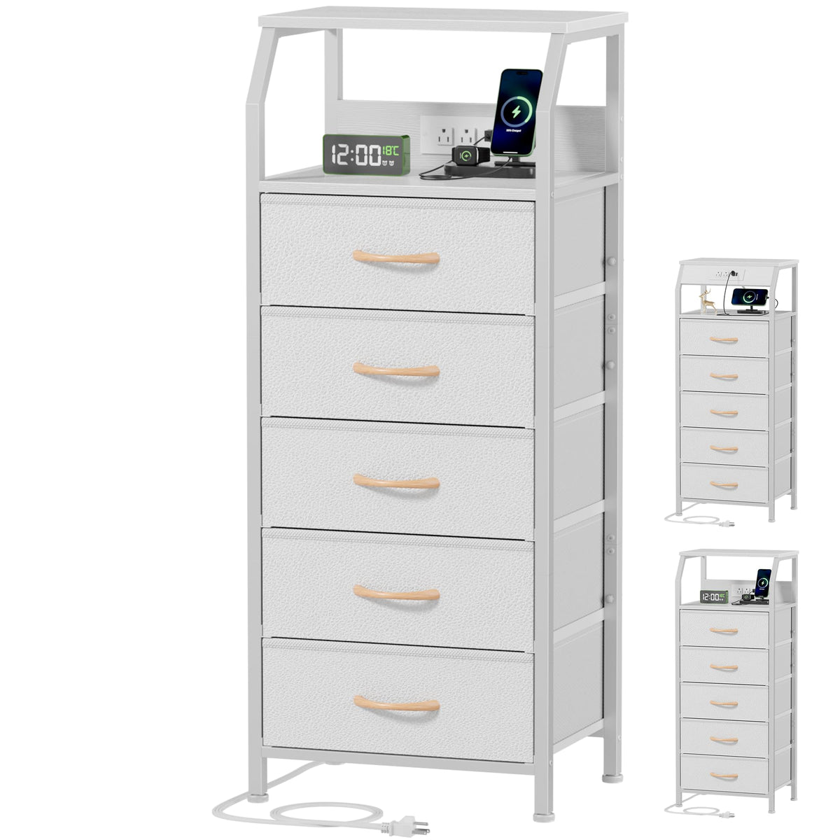 Furnulem 5 Drawers Dresser With Charging Station, Tall Night Stand With Open Shelf, Storage Tower With Pvc & Fabric Drawer, Bedside Table For Bedroom, Closet, Entryway, 3 Ways To Use, White