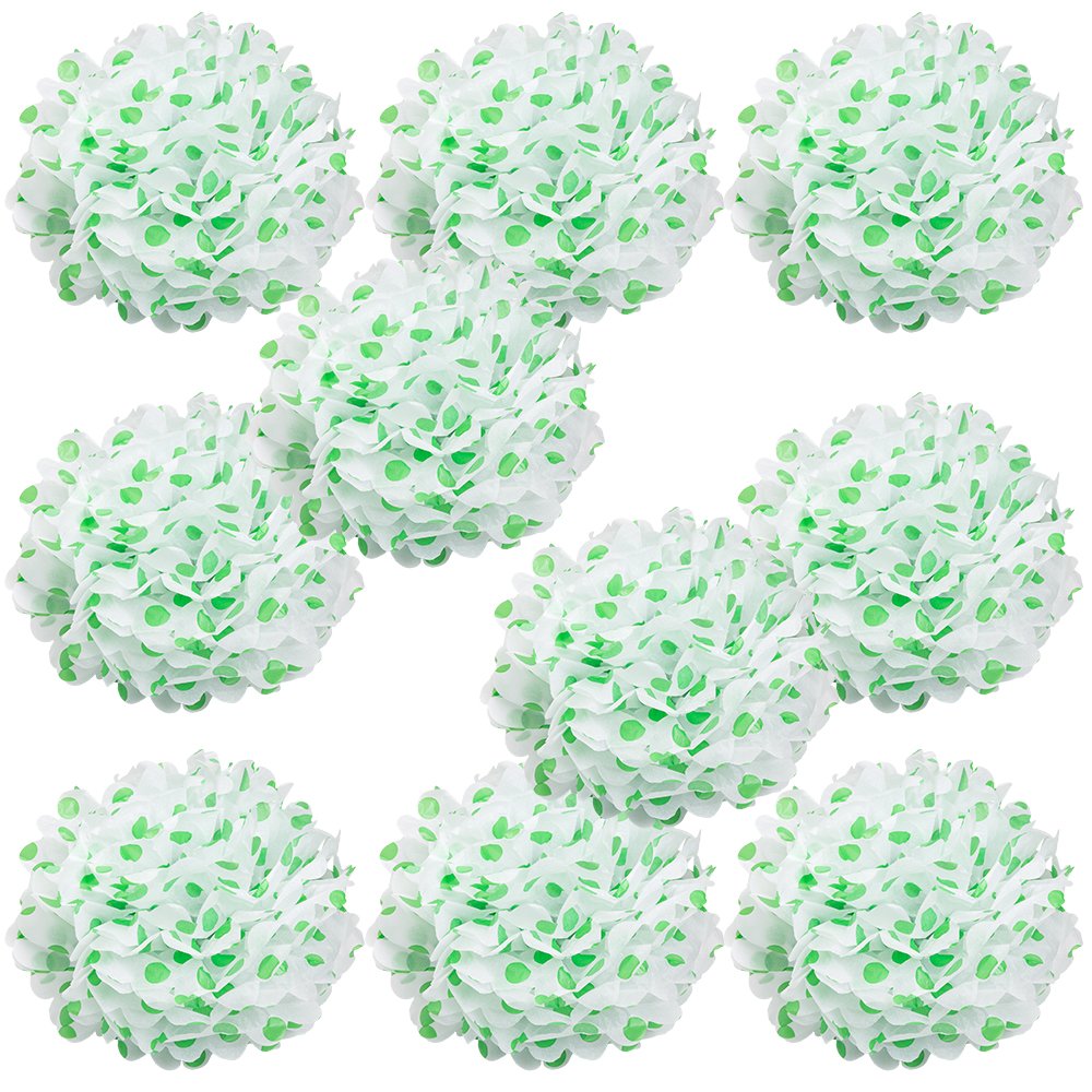WYZworks Set of 10 - Green Polka DOT 12 - (10 Pack) Tissue Pom Poms Flower Party Decorations for Weddings, Birthday, Halloween, 