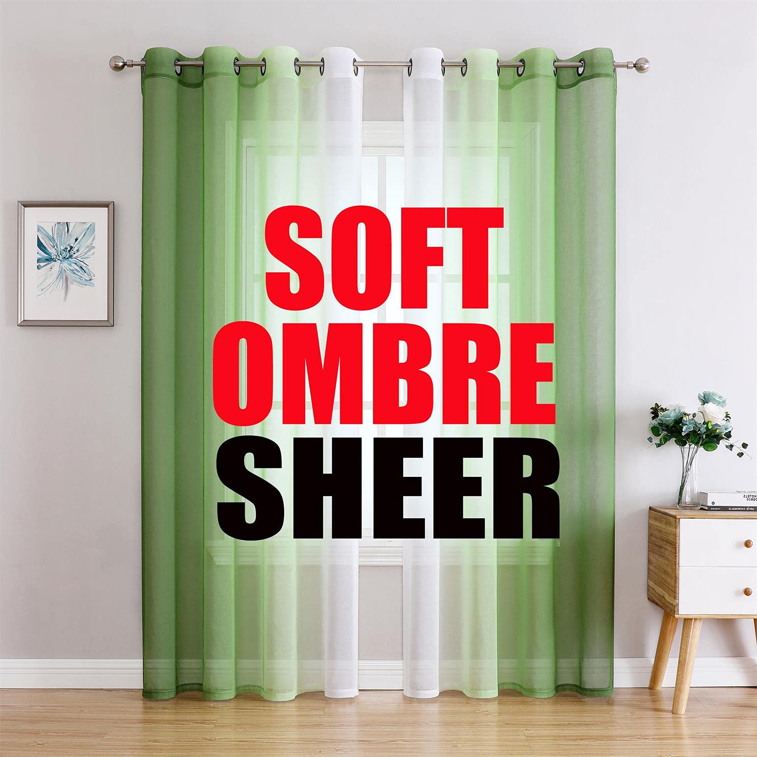 G2000 Sheer Curtains & Drapes 84 Inches Long Green and White Ombre Curtains for Bedroom Living Room Window Curtains Light Filter
