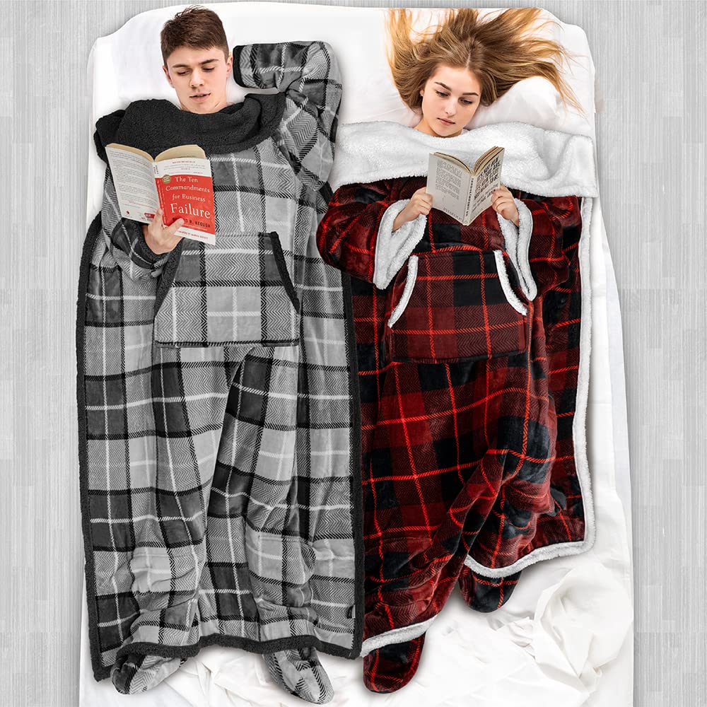 Pavilia Sherpa Blanket With Sleeves And Foot Pocket Women Men Adults, Fleece Wearable Blanket Sleeved Throw Wrap, Thick Hug Slee
