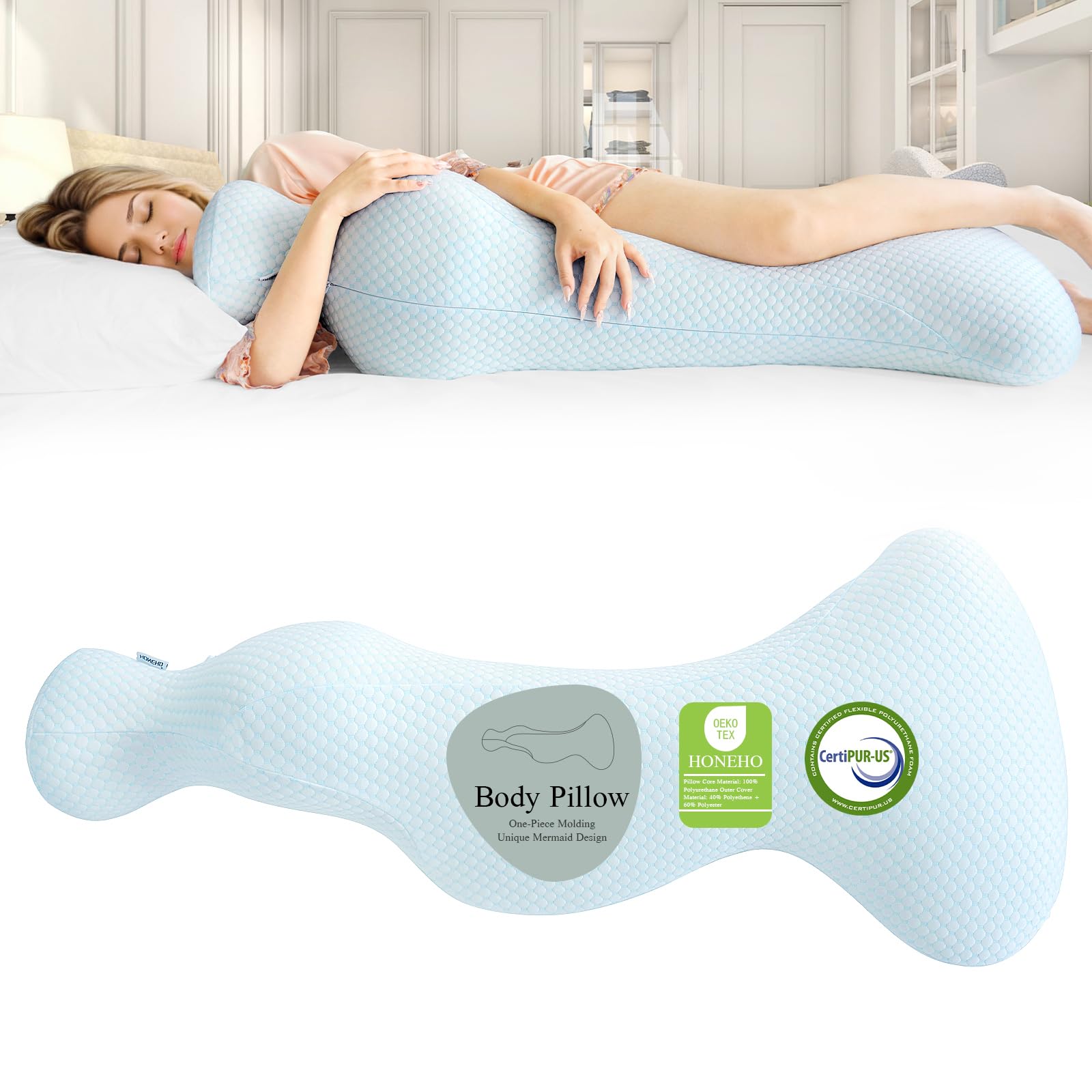 Honeho Small Mermaid Body Pillows, Cooling One Piece Body Pillows For Adults, Long Pillow For Bed, Full Memory Foam Body Pillow,