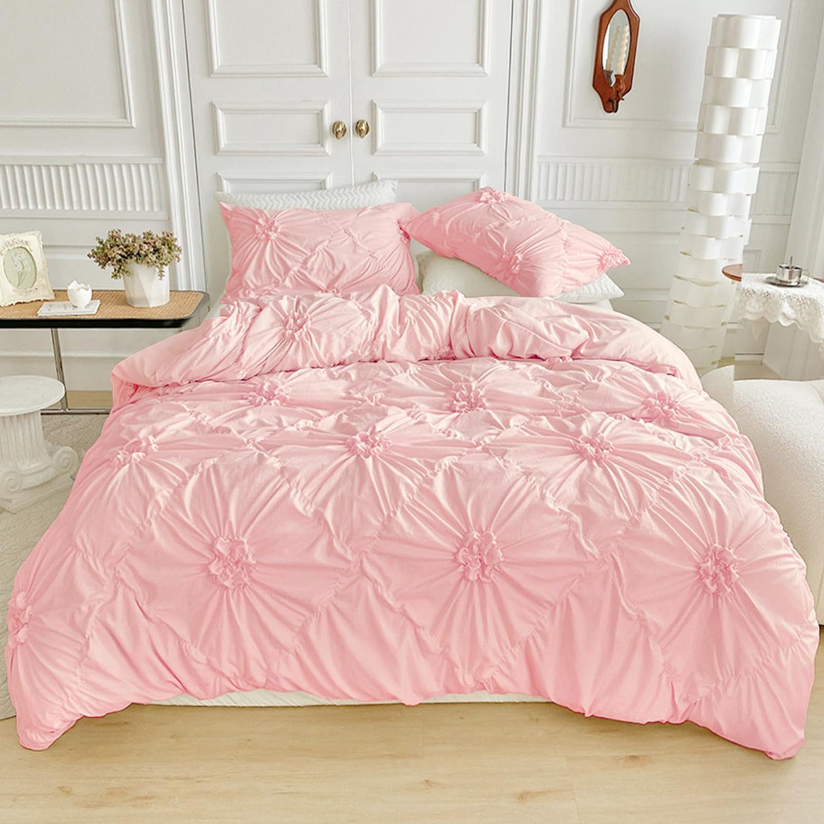 Rvciby Girls Pink Flower Duvet Cover Queen Size,3PCS Soft Microfiber Bedding Set,Boho Textured Geometric Pattern Duvet Cover wit