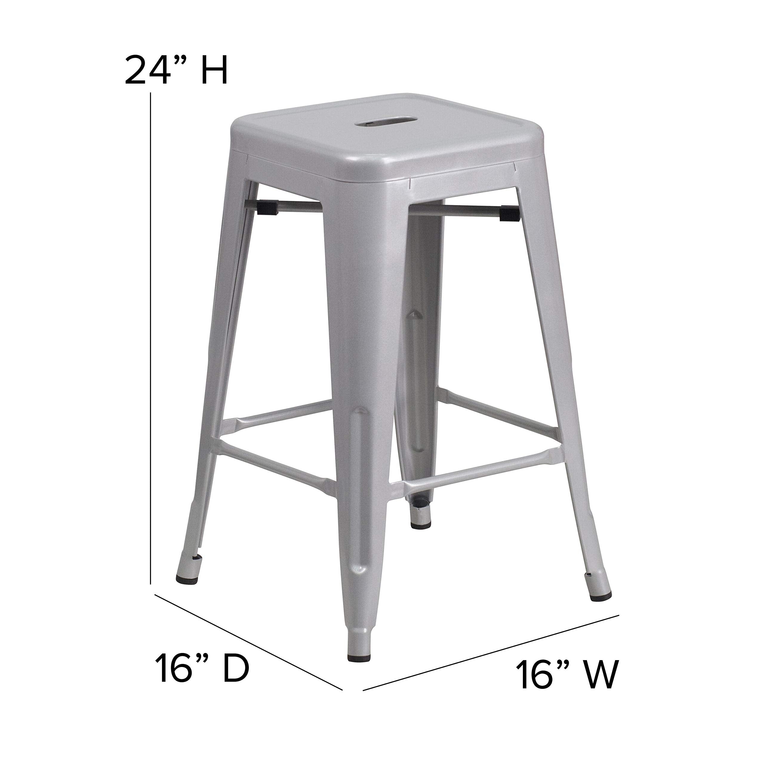 Flash Furniture Kai Commercial Grade 24' High Backless Silver Metal Indoor-Outdoor Counter Height Stool With Square Seat