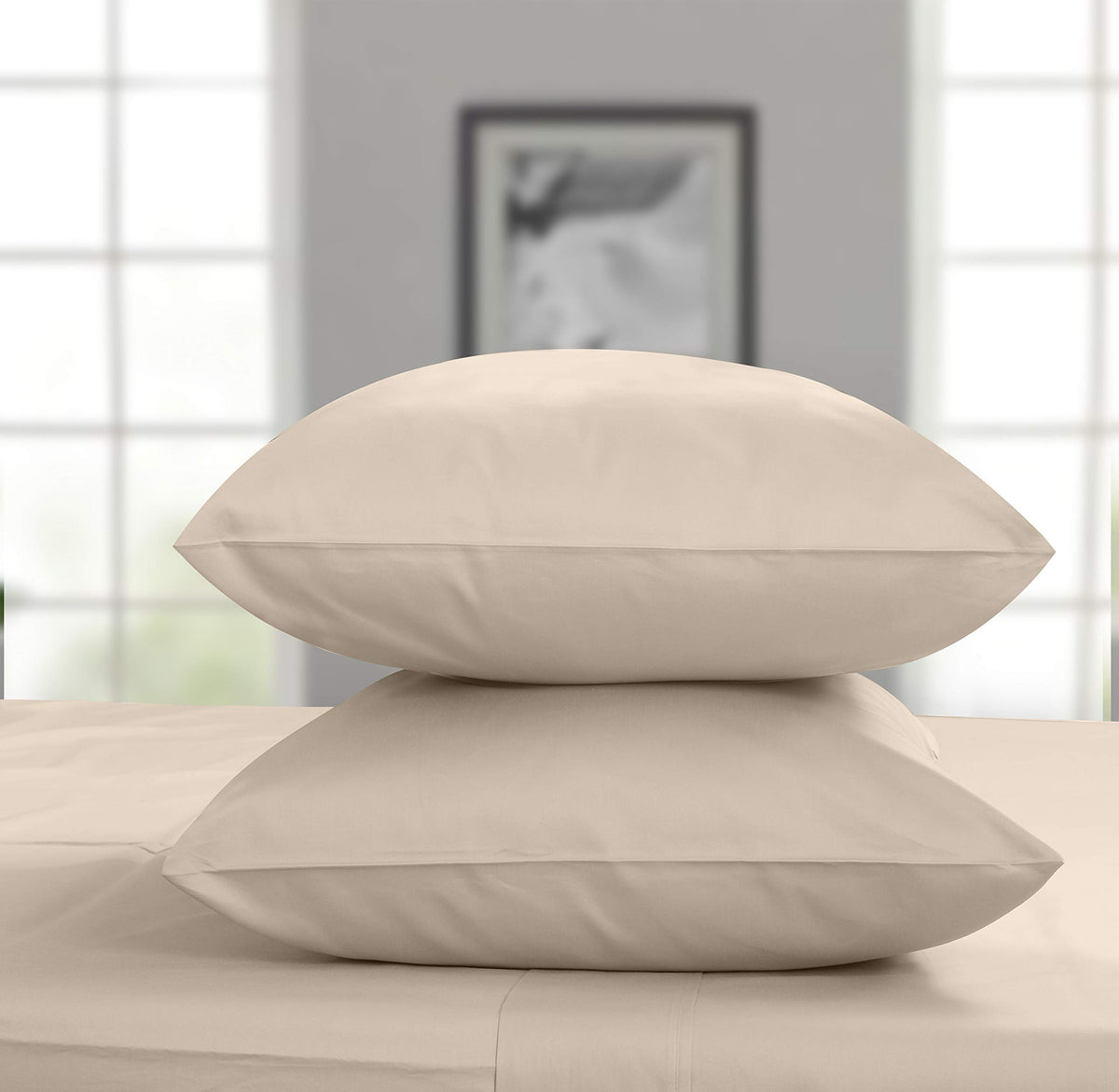 Threadmill Home Linen Standard Pillowcase - 100% Pure Cotton 600 Thread Count, 2 Piece Sateen Weave Beige Pillow Cover Set, Hote