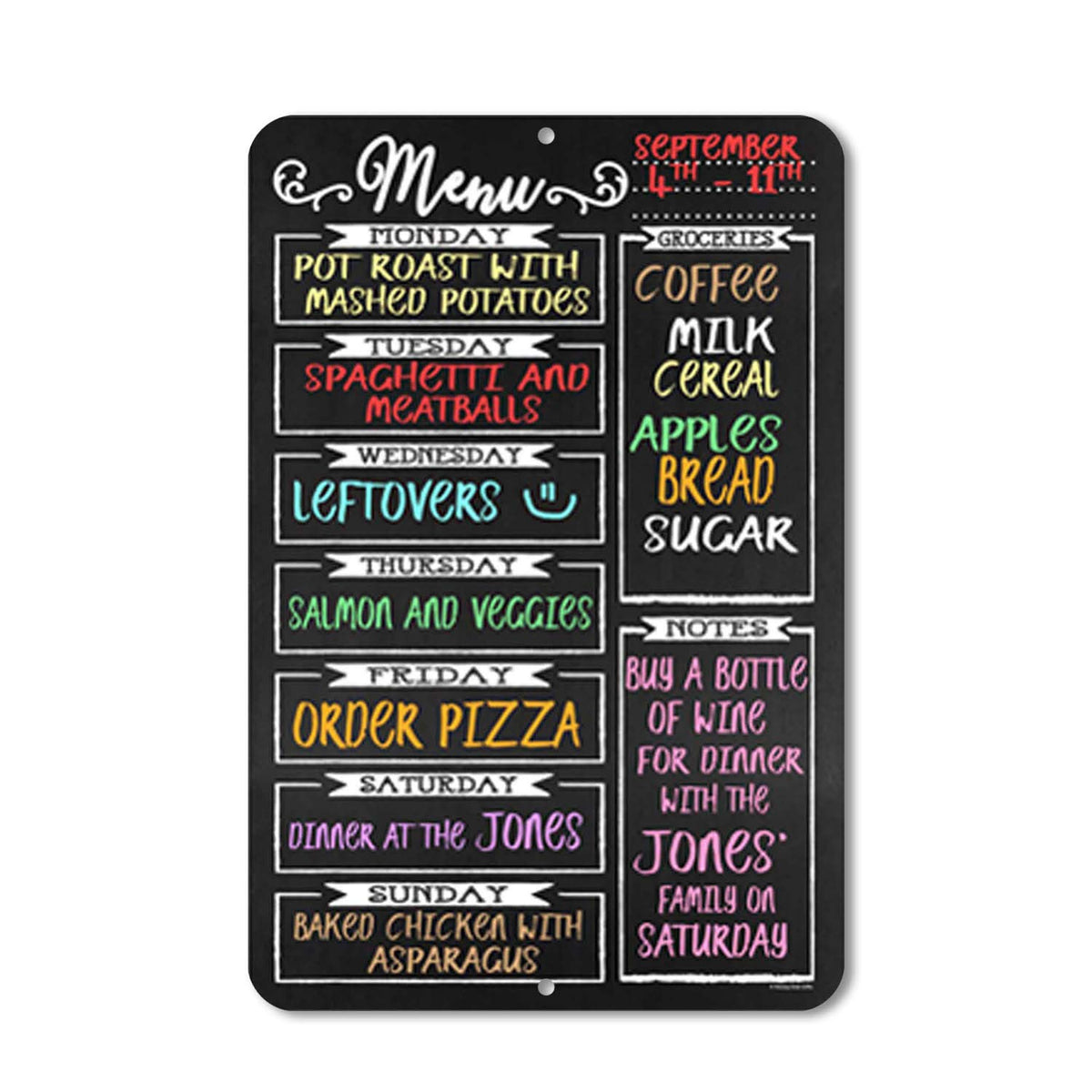Chalkboard Style Weekly Food Menu Board For Kitchen, 12 Inch By 18 Inch Tin Sign Durable, Easy Hanging On Wall Dinner, Daily Cha