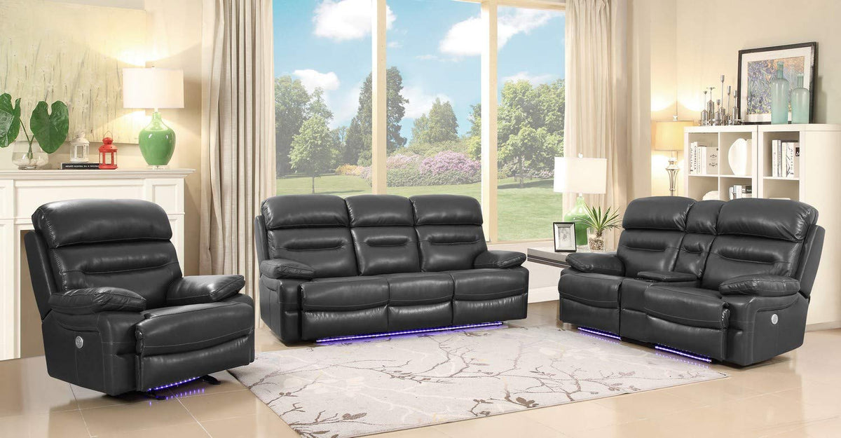 HomeRoots Leather Upholstery/Solid Wood Frame 210' X 120' X 123' Gray Power Reclining Sofa Set