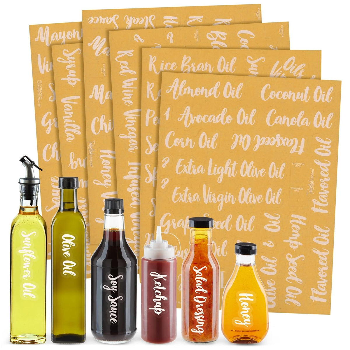 Talented Kitchen 132 White Cursive Font Oil And Vinegar Labels For Bottles, Clear Preprinted Condiment Labels For Squeeze Dispen