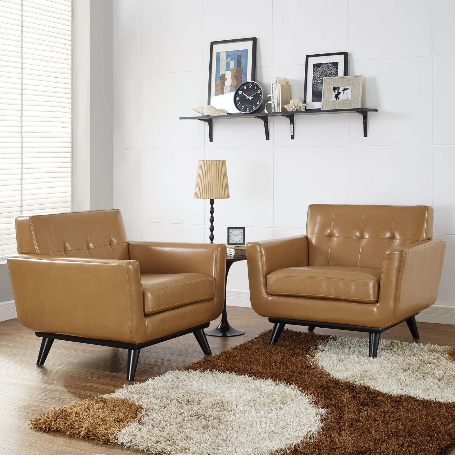 Modway Engage Mid-Century Modern Upholstered Two Armchair Set, Tan Leather