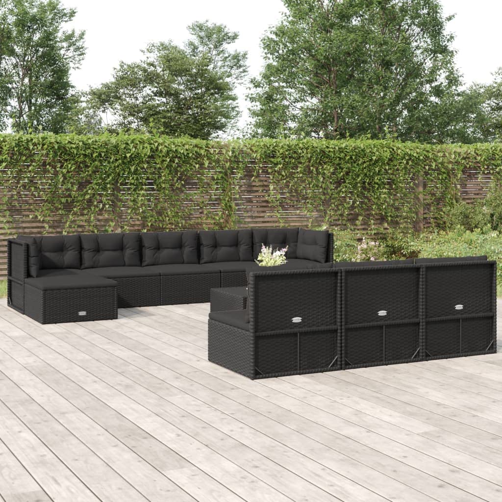 vidaXL Patio Furniture Set 11 Piece, Sectional Sofa with Cushions, Patio Lounge Set for Outdoor Garden Lawn Backyard, Black Poly Rattan