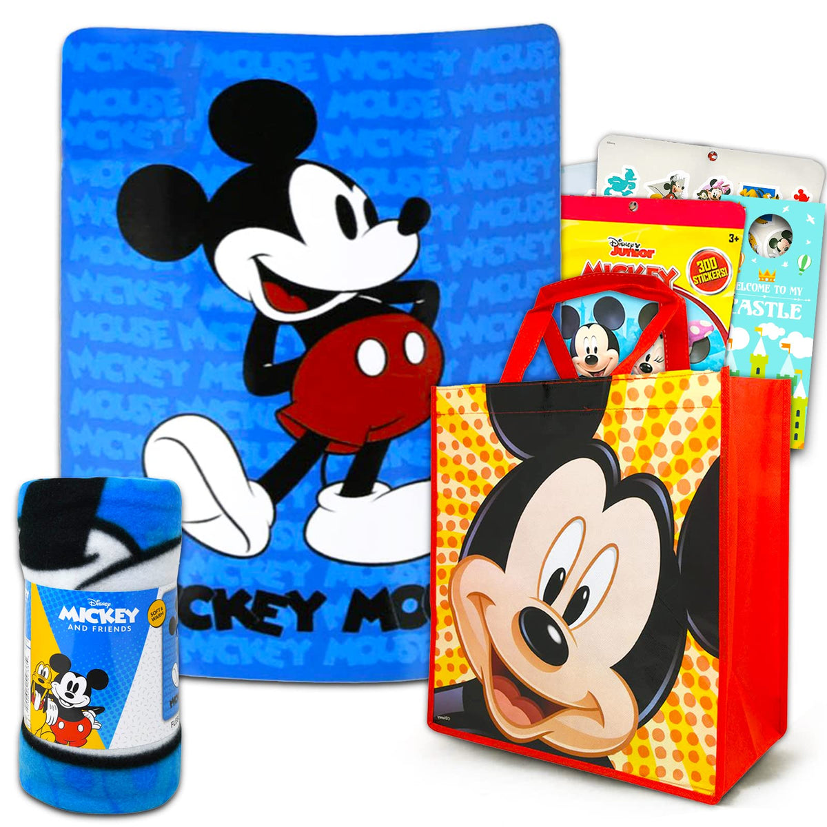 Classic Disney Mickey Mouse Fleece Throw Blanket And Tote Bundle - Mickey Mouse Kids And Teens Blanket, Tote, 300 Stickers, And