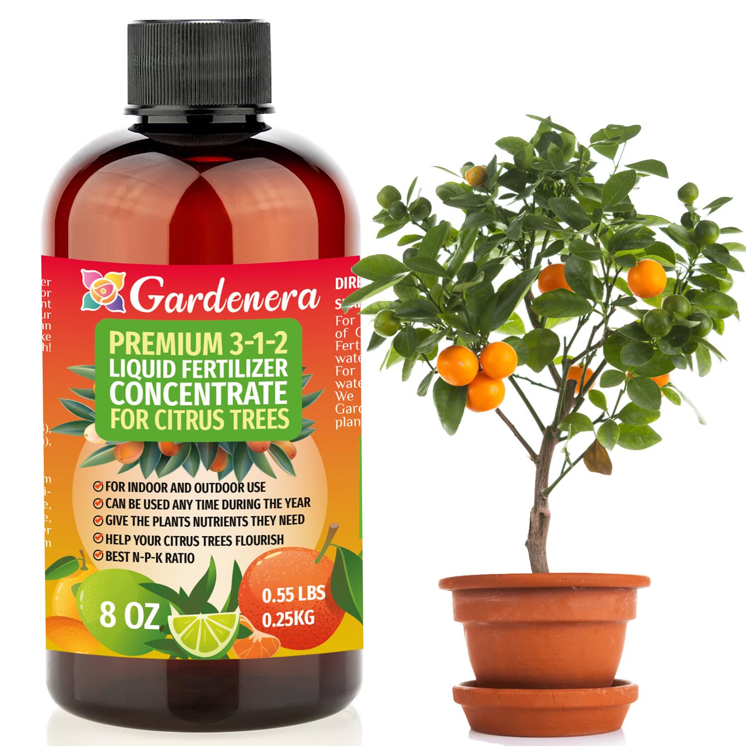Premium Liquid Citrus Tree Plant Fertilizer - 3-1-2 Concentrate For Indoor Plants And Flowers By Gardenera | Organic Plant Food