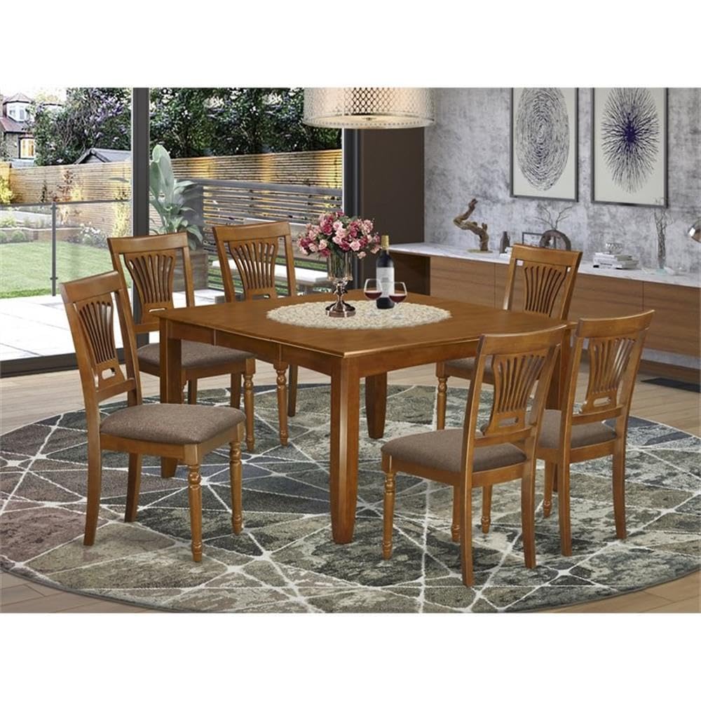 East West Furniture PFPL7-SBR-C 7 Piece Dining Table Set Consist of a Square Dining Room Table with Butterfly Leaf and 6 Linen Fabric Upholstered Chairs, 54x54 Inch, Saddle Brown