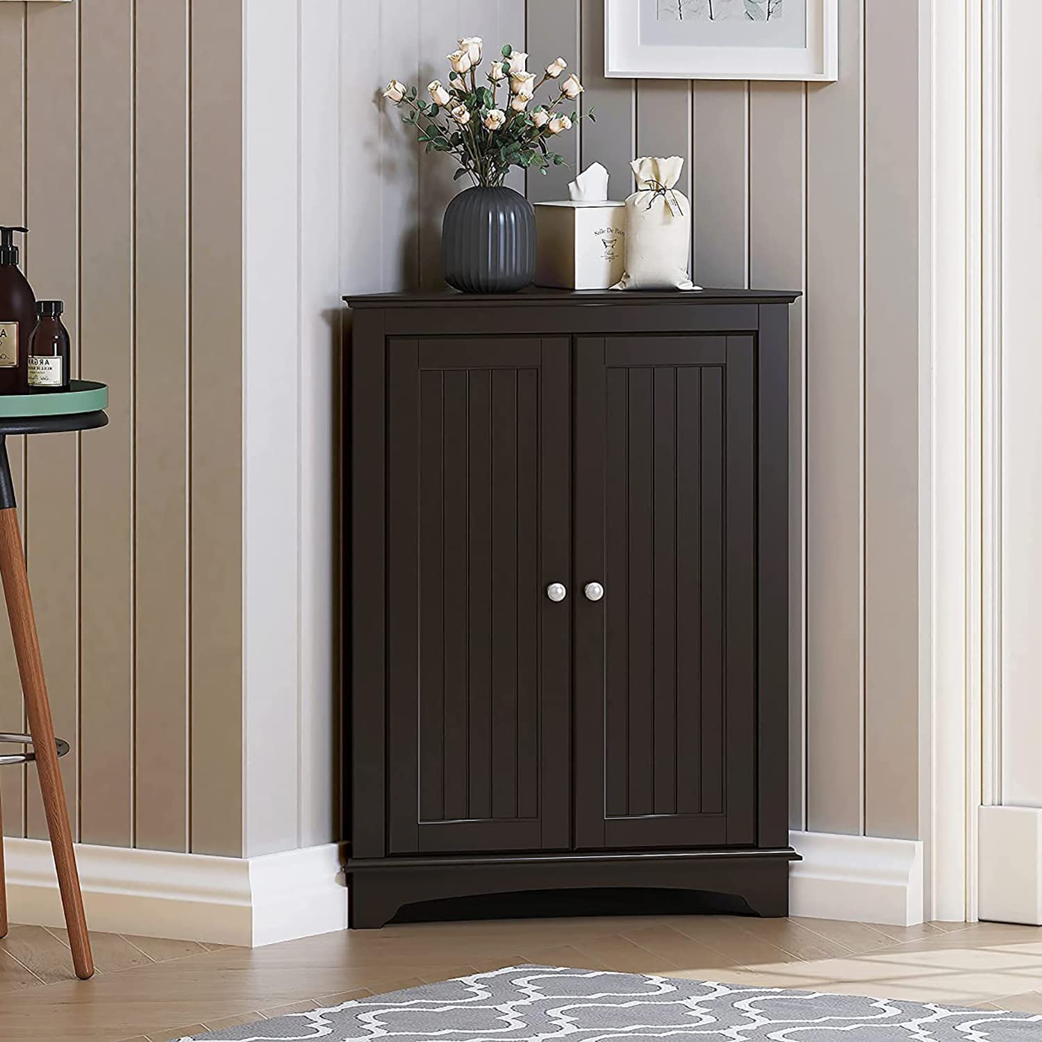 Spirich Home Floor Corner Cabinet with Two Doors and Shelves, Free-Standing Corner Storage Cabinets for Bathroom, Kitchen, Livin