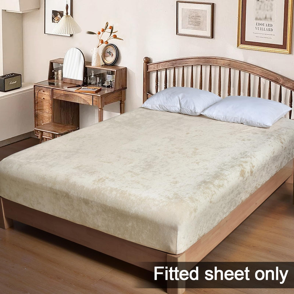 Phf Truly Velvet Fitted Sheet Only King Size, Luxury Super Soft Cozy Comfy Fleece Bottom With 15' Deep Pocket, Suitable For Fall Winter And Spring, No Pillowcases, Sand