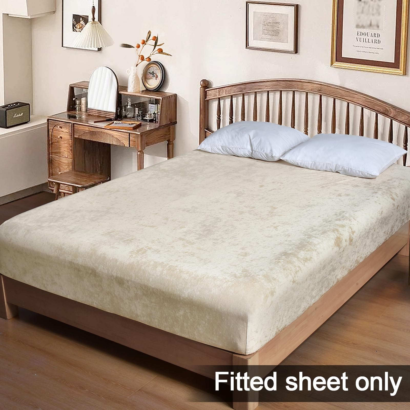 Phf Truly Velvet Fitted Sheet Only King Size, Luxury Super Soft Cozy Comfy Fleece Bottom With 15' Deep Pocket, Suitable For Fall Winter And Spring, No Pillowcases, Sand