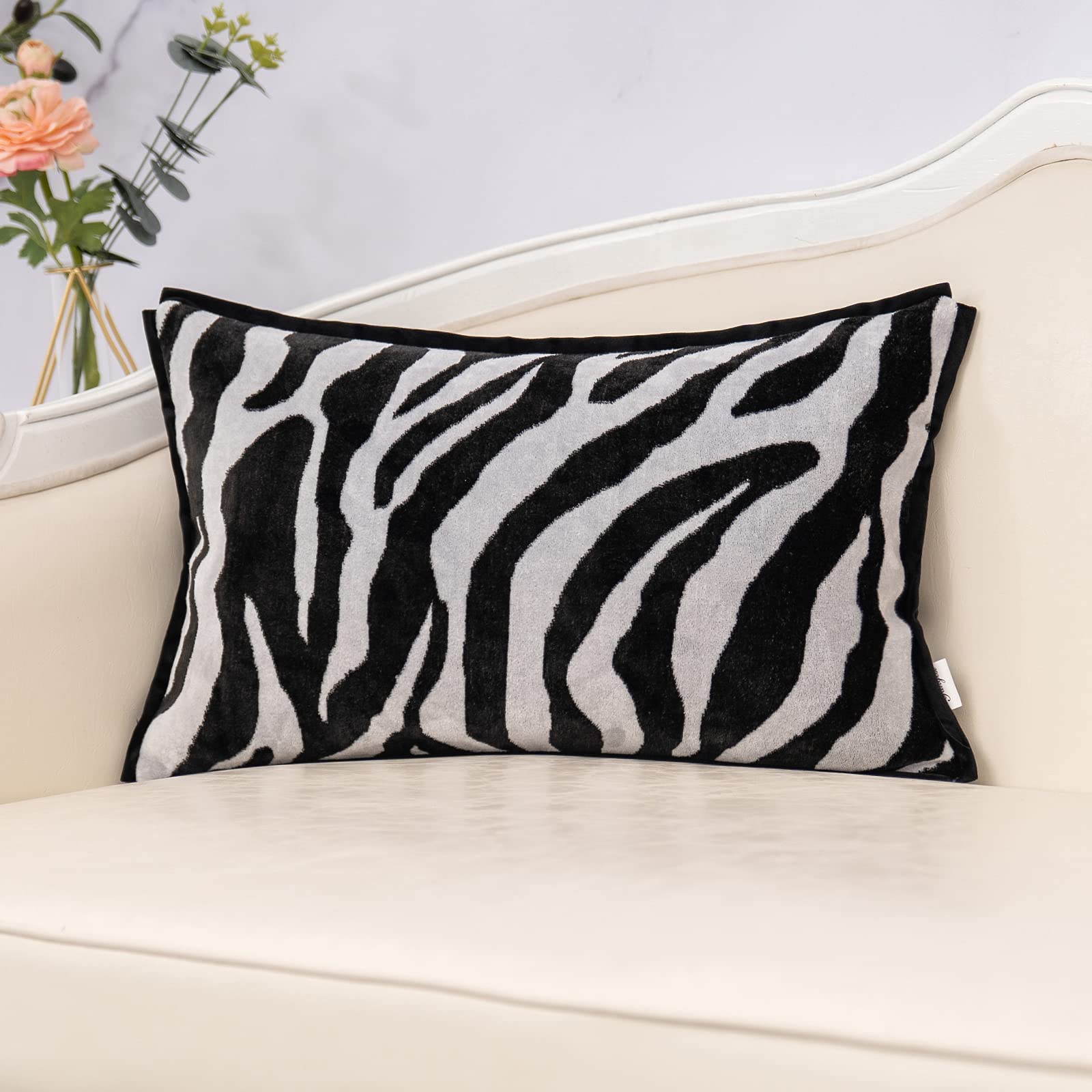 Yangest Zebra Velvet Lumbar Throw Pillow Cover Black Decorative Cushion Case 12X20 Inch Modern Pillowcase For Sofa Couch Bedroom