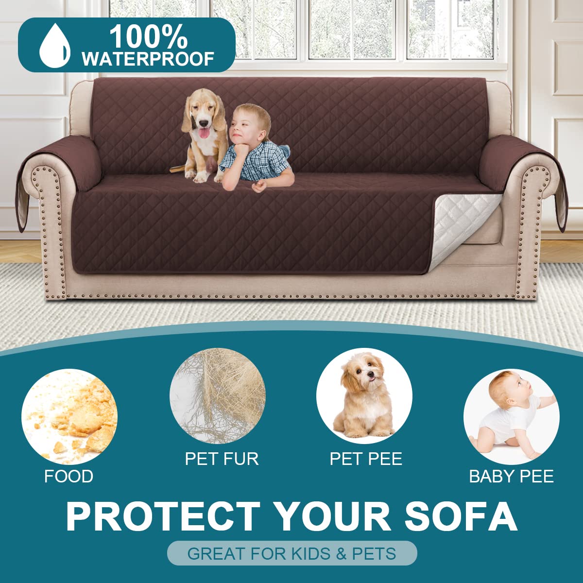 Turquoize 100% Waterproof Couch Cover Sofa Covers Washable Couch Covers For 3 Cushion Couch Pet Friendly Triple Non-Slip Couch C