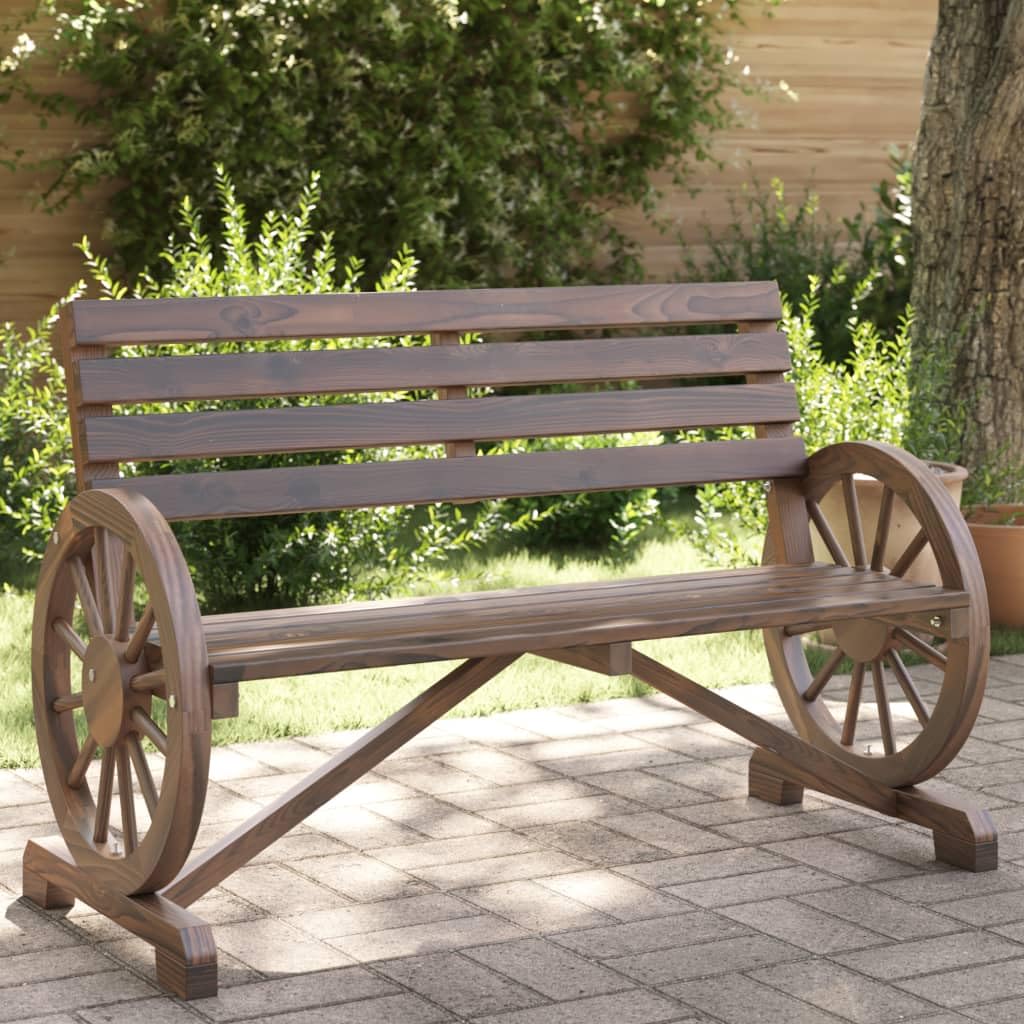 vidaXL Patio Bench 2-Seater - Solid Fir Wood Outdoor Seating with Wagon Wheel Armrests, Brown, Garden/Terrace Lounge Furniture