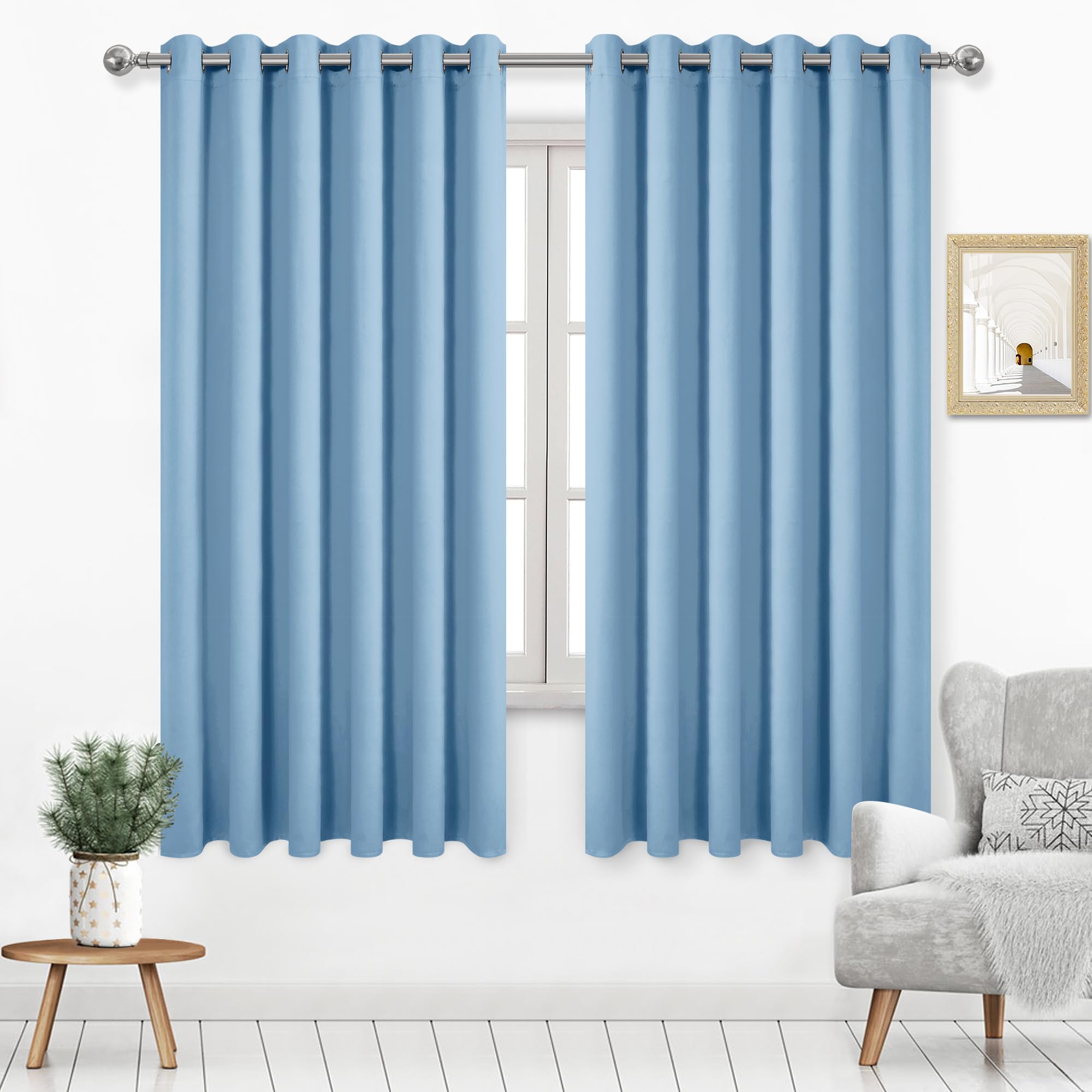 Dwcn Light Blue Curtains 63 Inch Length, Room Drakening Curtains For Bedroom, 70W Extra Wide Curtains For Living Room, Light Blu