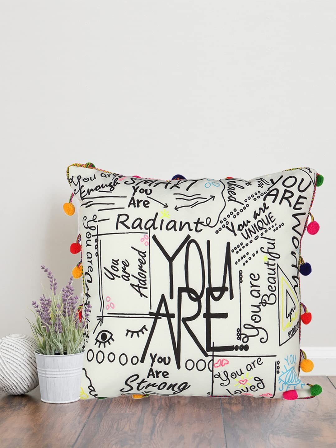 Home  The Best Is For You Polyester White Cushion Covers 16X16 Printed And Embroidered With Multi Colored Pom Pom  Pack Of (1)