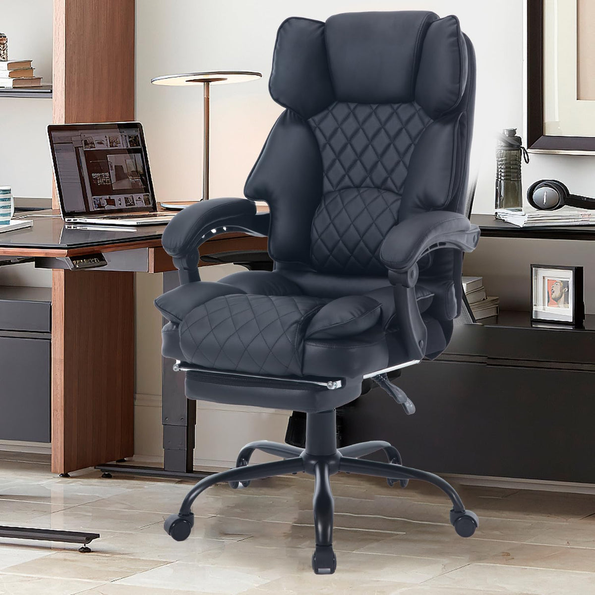 Reficcer Reclining Executive Office Chair With Footrest, Ergonomic Recliner Office Desk Chairs With Lumbar Support, High Back Vi