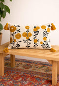 Jutiepie Flowered Handloom Beige & Yellow Cotton Cushion Cover With Tassel | Sofa, Diwan, Bedroom, Living Room | Rectangle Throw