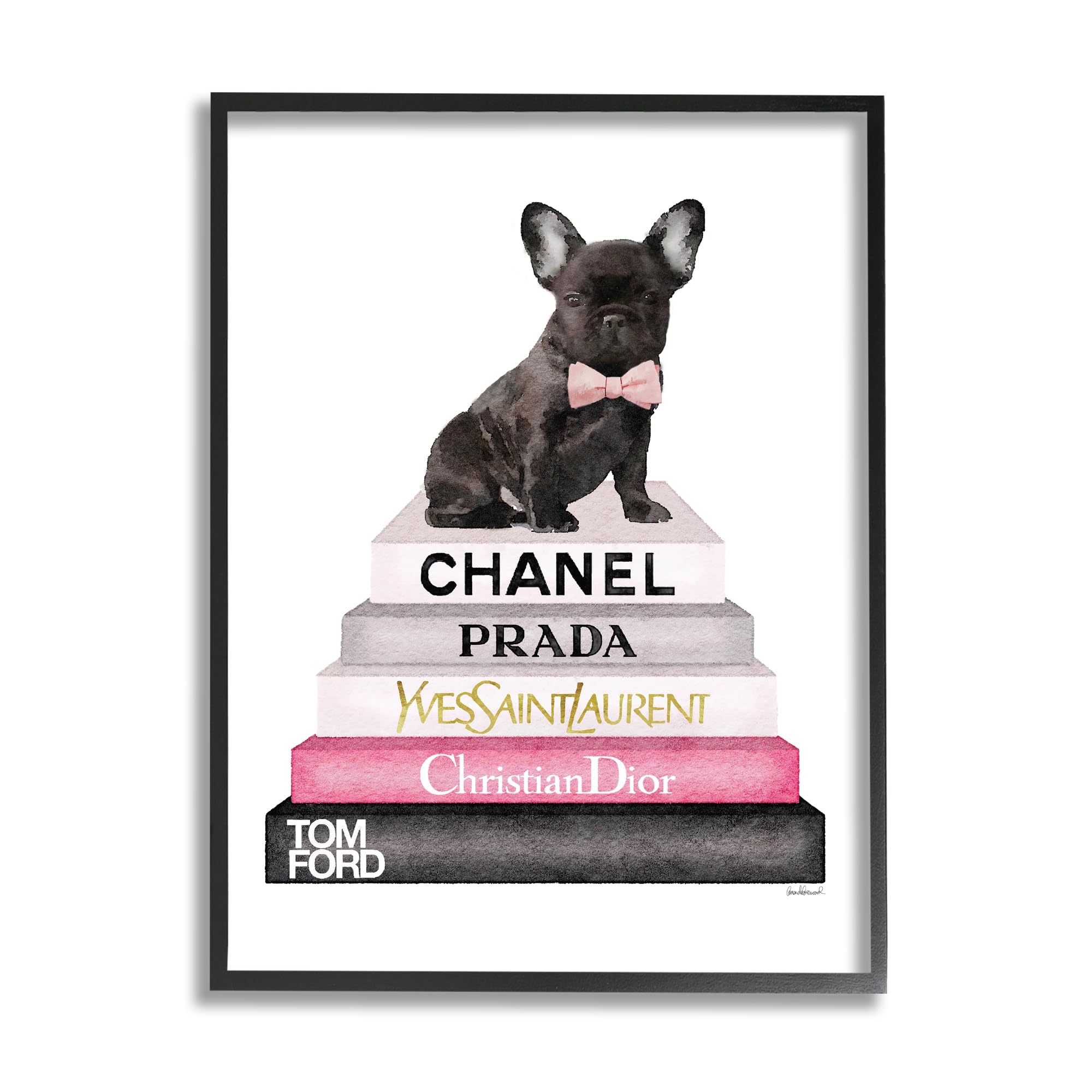 Stupell Industries Book Stack Fashion French Bulldog Black Framed Wall Art, 24x30, Multi-Color