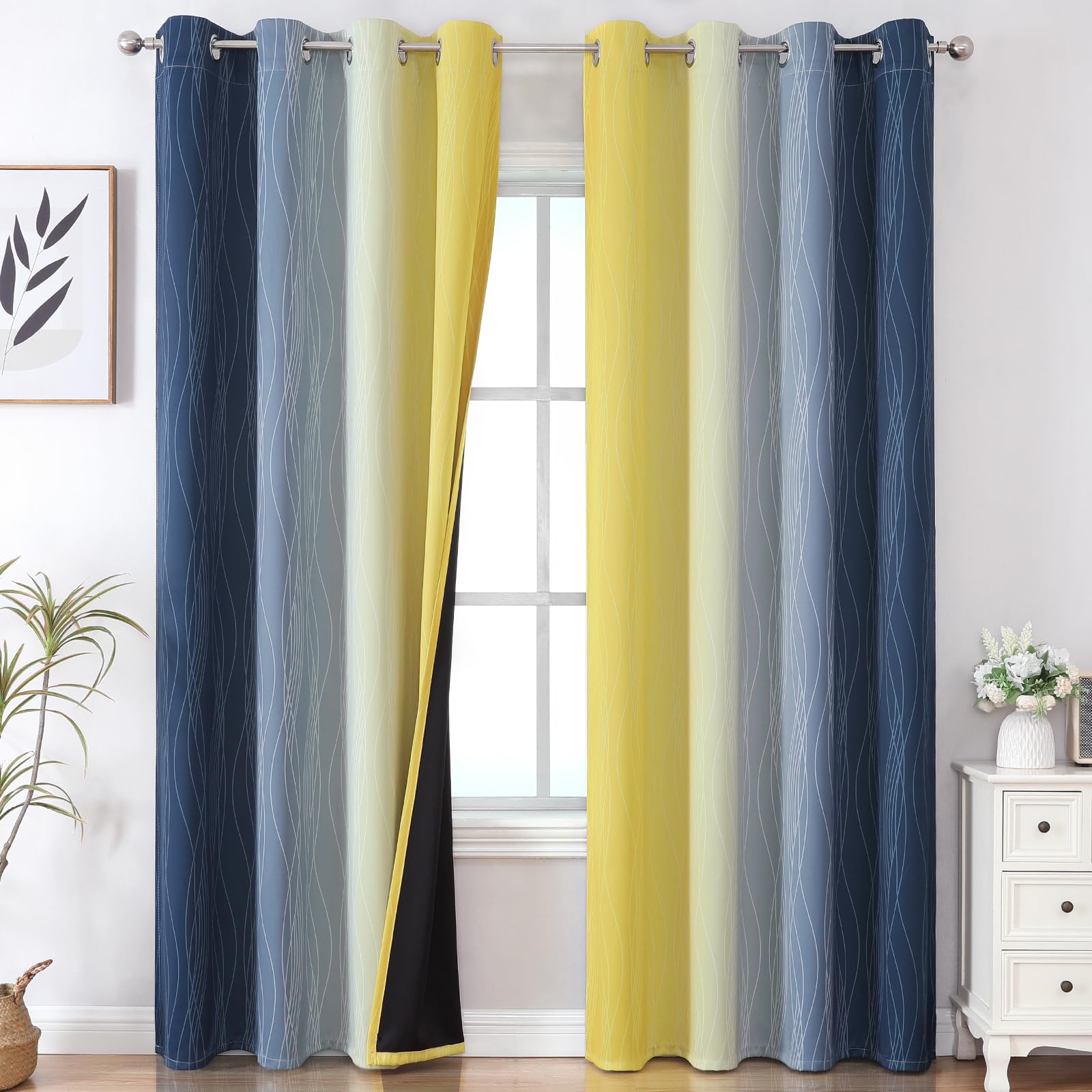 Estelar Textiler Navy Blue And Yellow Gradient Blackout Curtains For Bedroom, Thermal Insulated Ombre Blackout Drapes, Full Room
