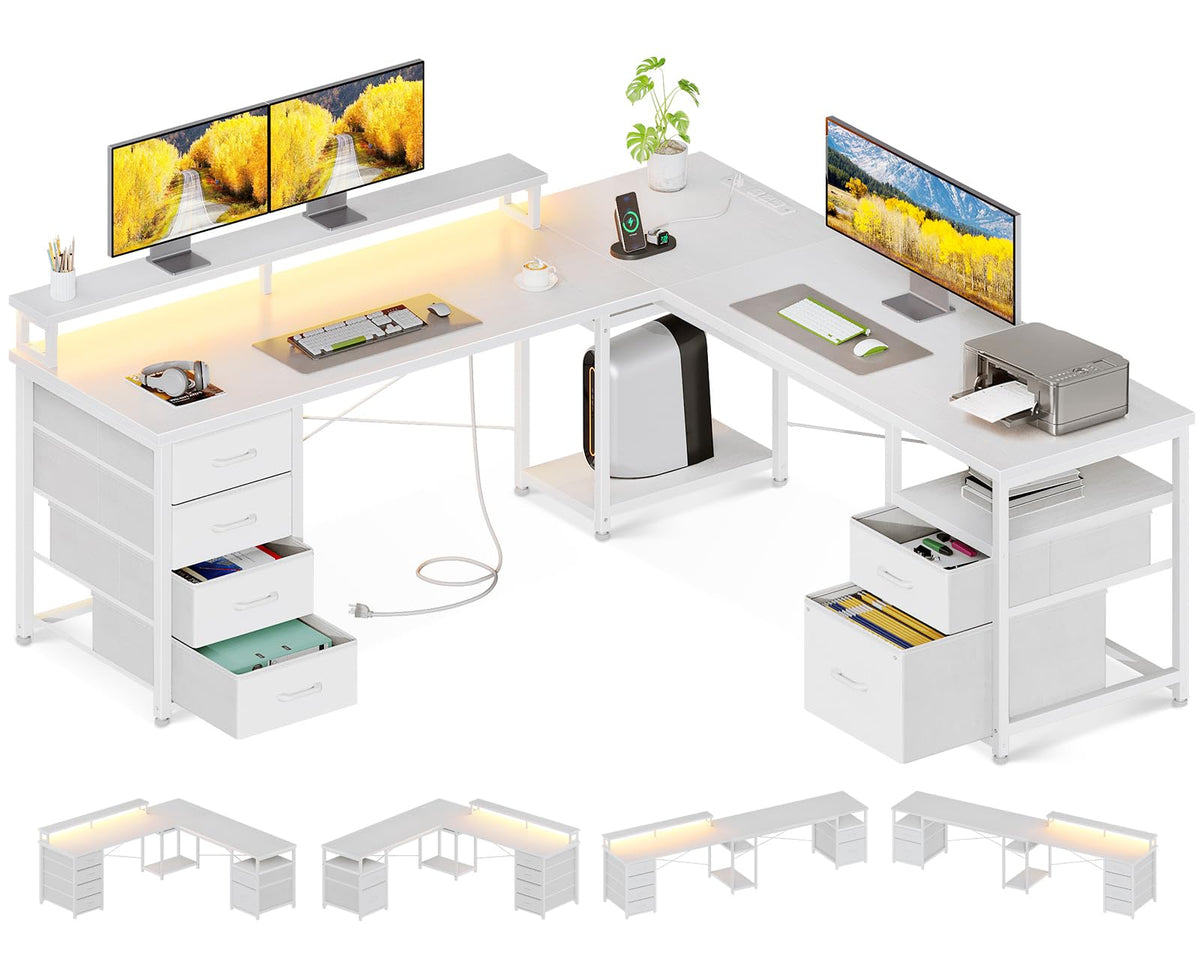 Aodk 59' L Shaped Computer Desk, 105' Reversible Home Office Desk With File Cabinet & 4 Fabric Drawers, Two Person Desk With Led Lights & Power Outlet, Corner Gaming Table, White