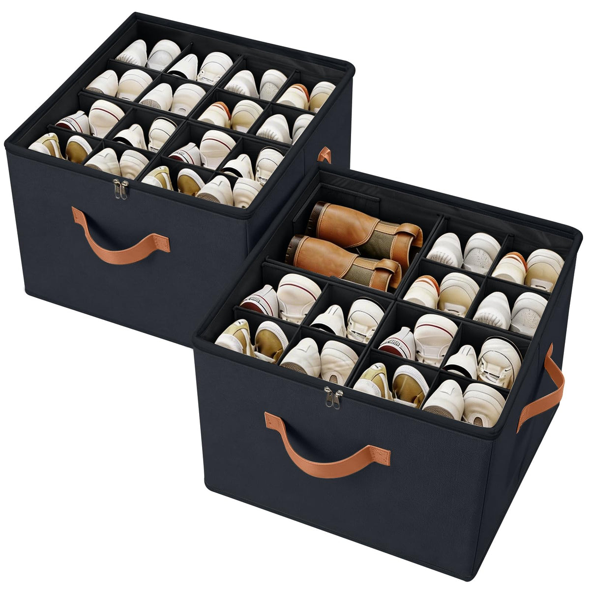 ???????????????? Fabric Shoe Organizer for Closet, 2 Pack Shoe Storage Organizer with Clear PVC Cover and Adjustable Dividers, F