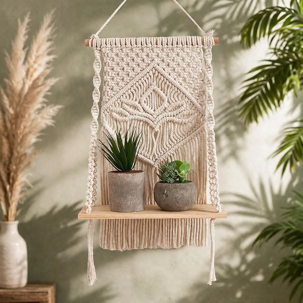 Zawi Zaw Macrame Wall Shelf Boho Wall Decor Hanging Wooden Floating Shelf Handmade Cotton Rope Shelf For Living Room Bedroom Nur