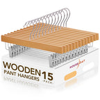 HOUSE DAY Premium Wooden Pants Hangers 15 Pack, Solid Lotus Wood Skirt Hangers with 2-Adjustable Clips, Heavy Duty & Anti Slip W
