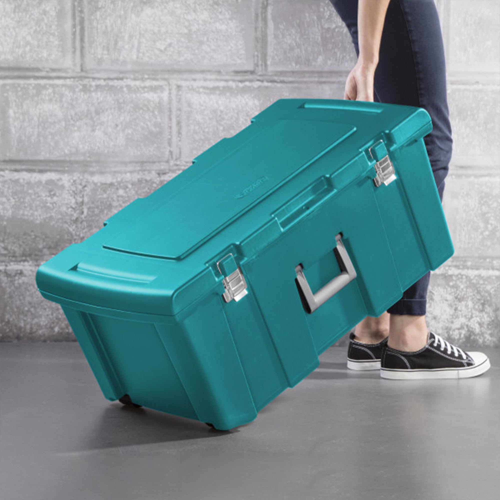 Sterilite 16 Gallon Lockable Storage Tote Footlocker Toolbox Container Box With Wheels, Metal Handles, And Latches, Teal With Gr