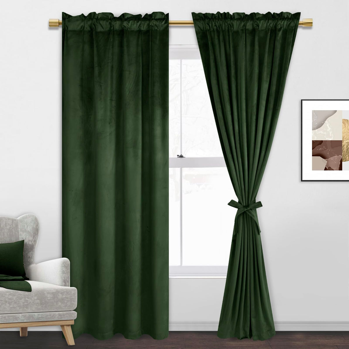 Jiuzhen Oliver Green Velvet Curtains 72 Inches For Living Room - Privacy Protect Room Darkening Rod Pocket Thick Velvet Window D