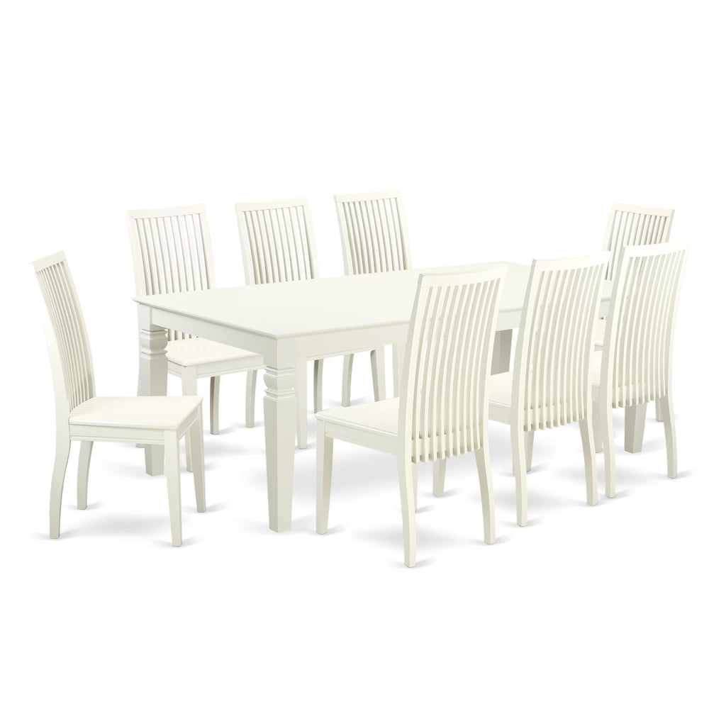 East West Furniture LGIP9-LWH-W 9 Piece Dining Table Set Includes a Rectangle Dining Room Table with Butterfly Leaf and 8 Wooden Seat Chairs, 42x84 Inch, Linen White