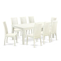 East West Furniture LGIP9-LWH-W 9 Piece Dining Table Set Includes a Rectangle Dining Room Table with Butterfly Leaf and 8 Wooden Seat Chairs, 42x84 Inch, Linen White