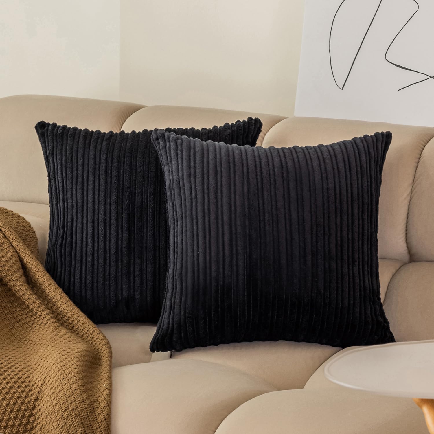 Kevin Textile Euro Sham Striped Corduroy Textured Velvet European Throw Pillowcase For Couch, 22 X 22 Inch (55Cm), 2 Pack, Black